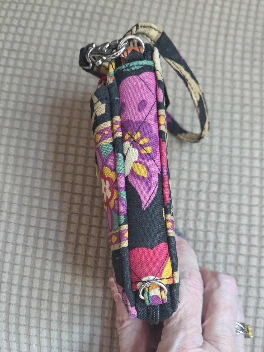 Vera Bradley Black Floral Quilted Wristlet with Purple & Pink Accents